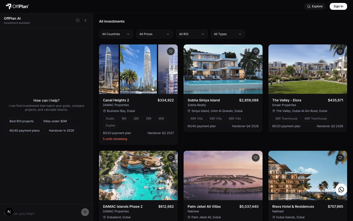 OffPlan platform showing real estate listings, AI assistant, and investment data
